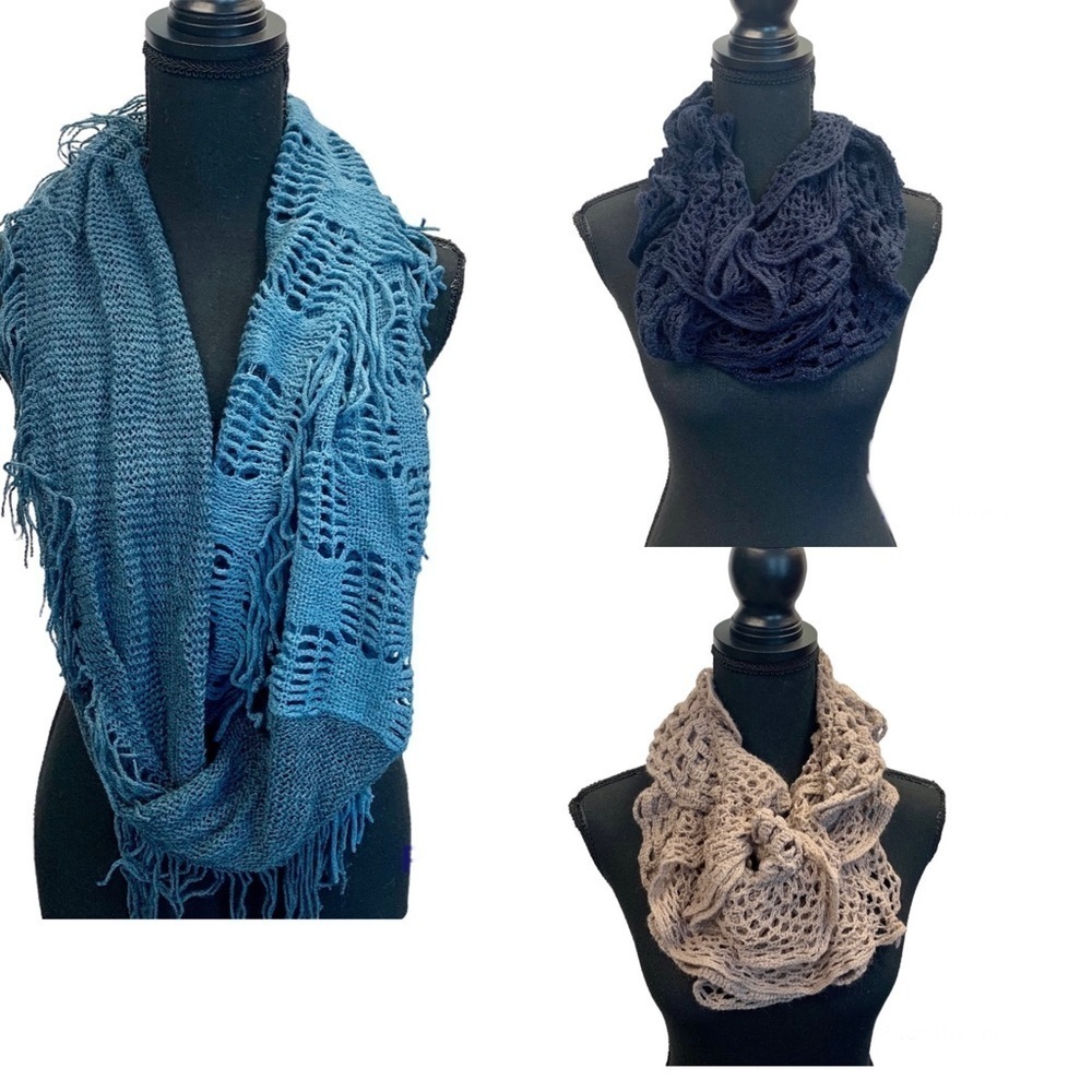 Navy blue bright blue nude pink ruffled infinity scarf bundle